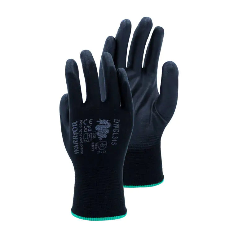 Warrior GL3PK Black PU Coated Safety Work Gloves Builders Gardening Mechanic