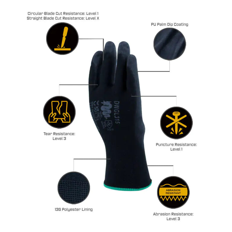 Warrior GL3PK Black PU Coated Safety Work Gloves Builders Gardening Mechanic