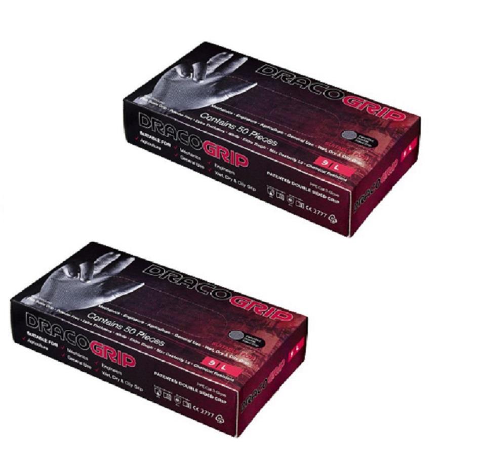 Box 50 Draco Extra Tough Black Nitrile Disposable Gloves Mechanics M/L/XL/XXL