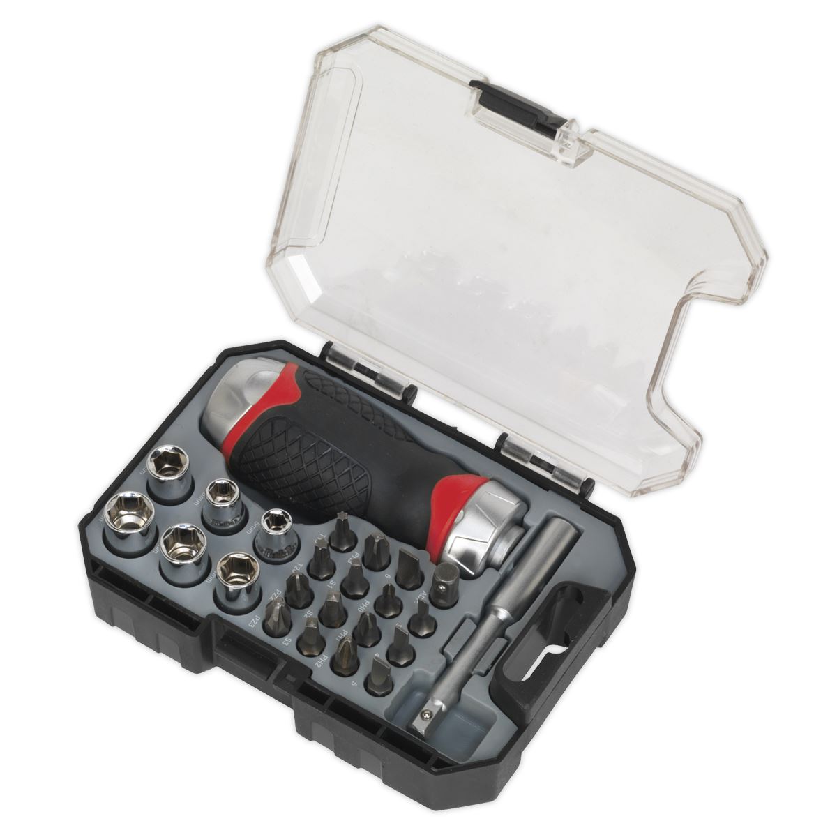 Sealey AK64906 Fine Tooth Ratchet Screwdriver Socket & Bit Set 24pc Stubby