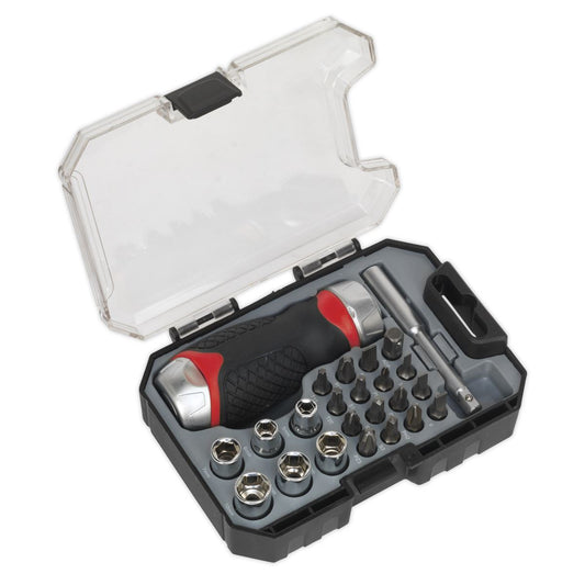 Sealey AK64906 Fine Tooth Ratchet Screwdriver Socket & Bit Set 24pc Stubby