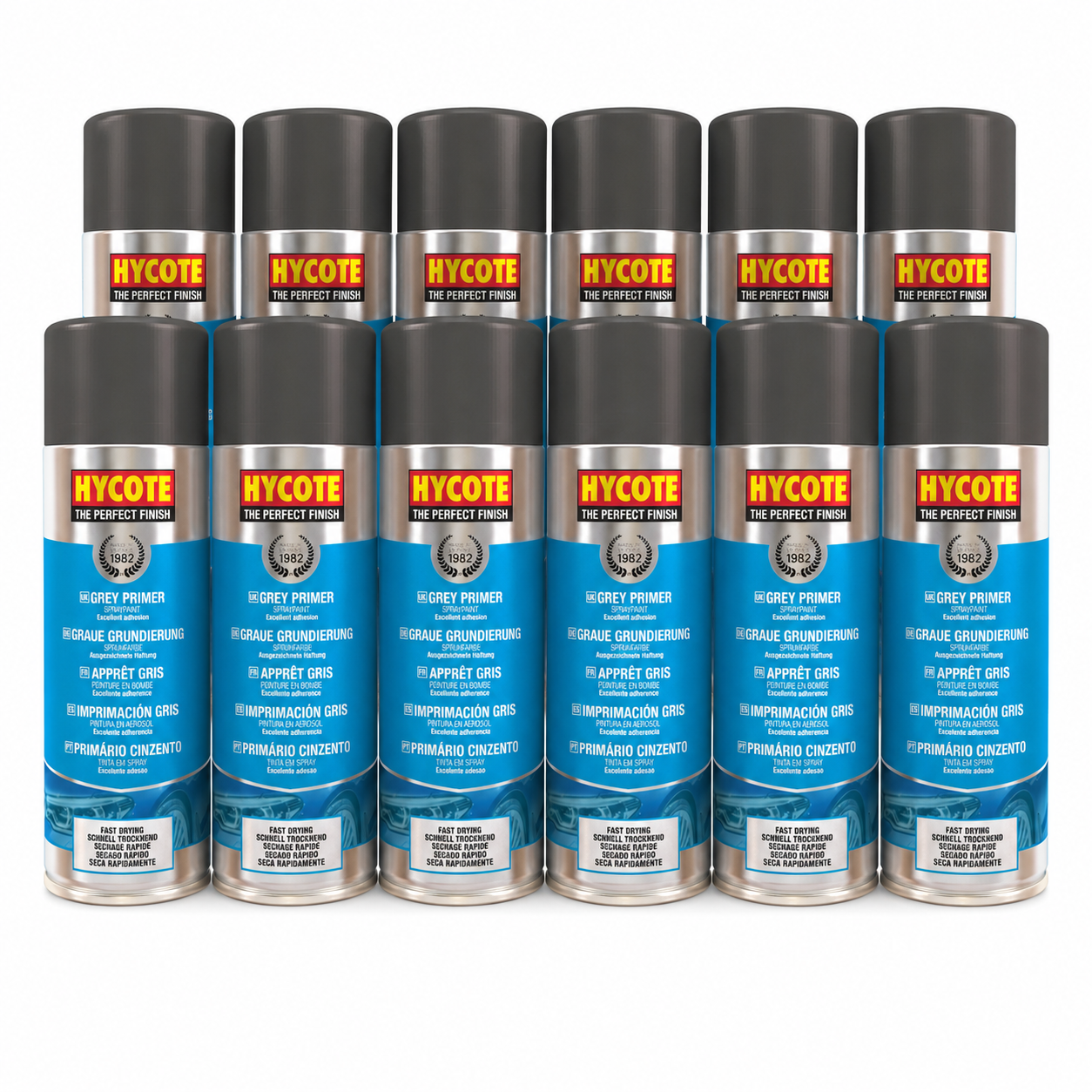 Multiple cans of Hycote grey primer spray paint on a white background