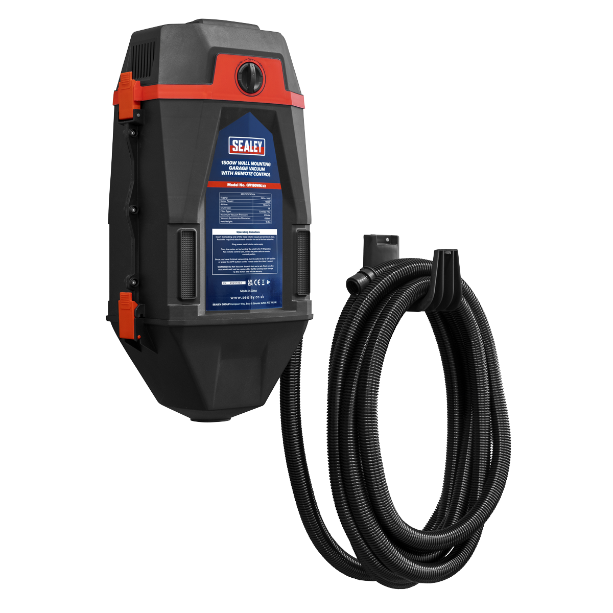 Sealey GV180WM Garage Vacuum with Remote Control 1200W - Wall Mounting