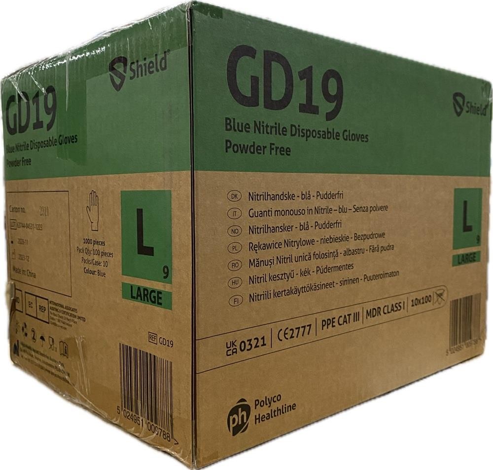 Shield Strong GD19 Blue Nitrile Gloves Powder Latex Free | 100 200 500 1000 Pack