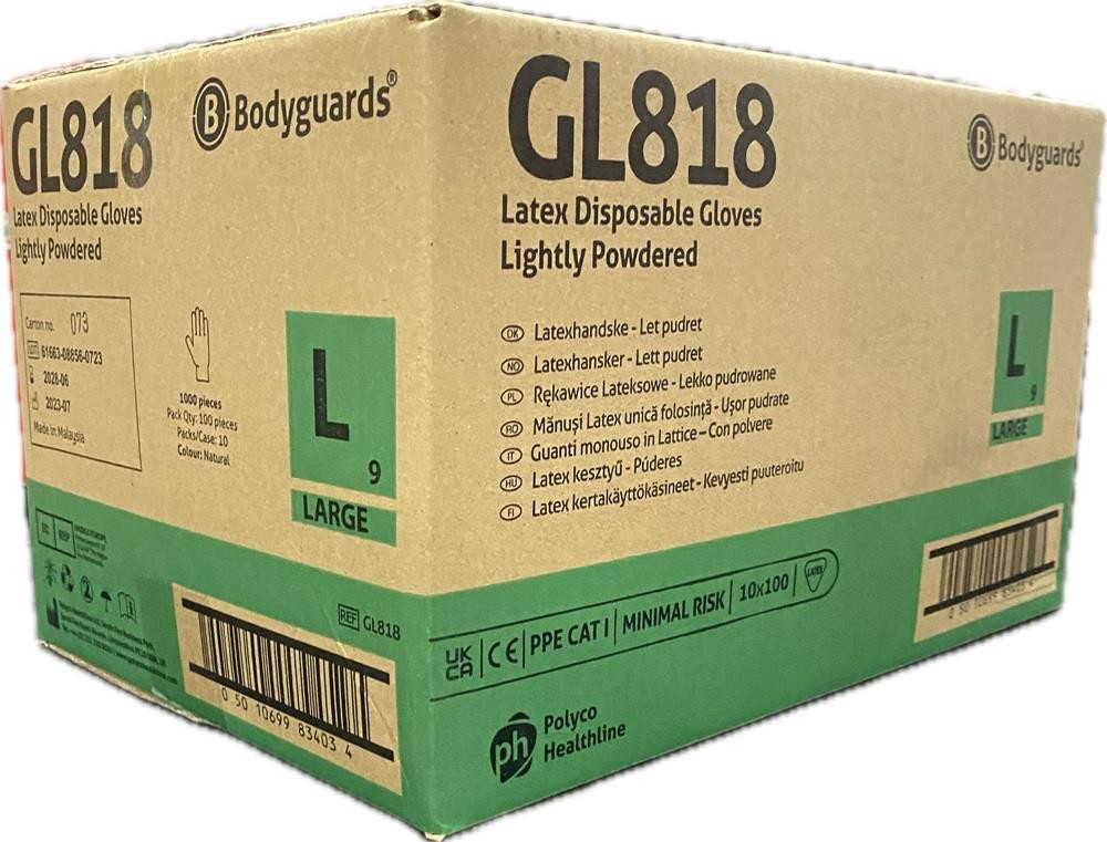 Box 100 Bodyguards GL818 Latex Lightly Powdered Disposable Gloves All Sizes