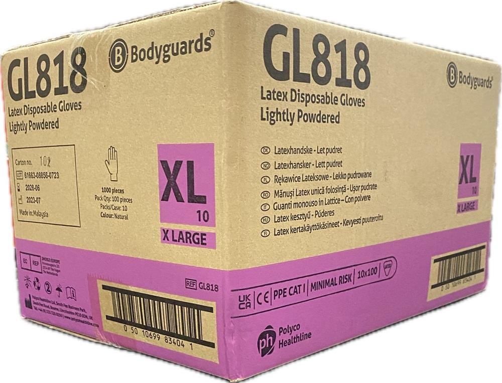 Box 100 Bodyguards GL818 Latex Lightly Powdered Disposable Gloves All Sizes