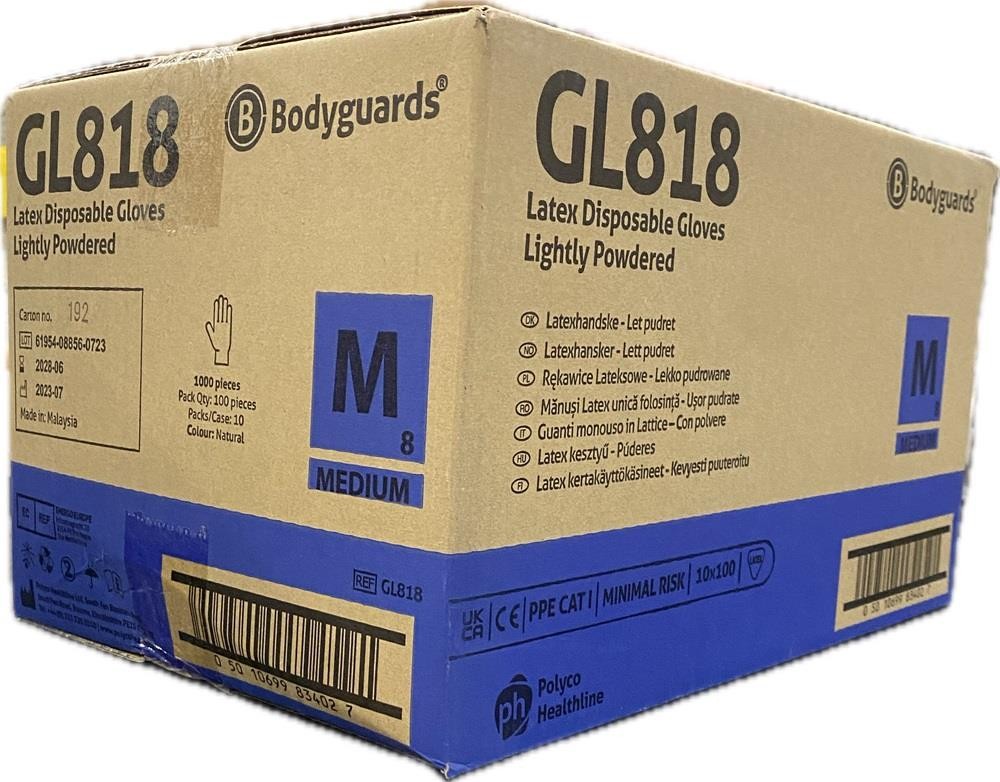 Box 100 Bodyguards GL818 Latex Lightly Powdered Disposable Gloves All Sizes