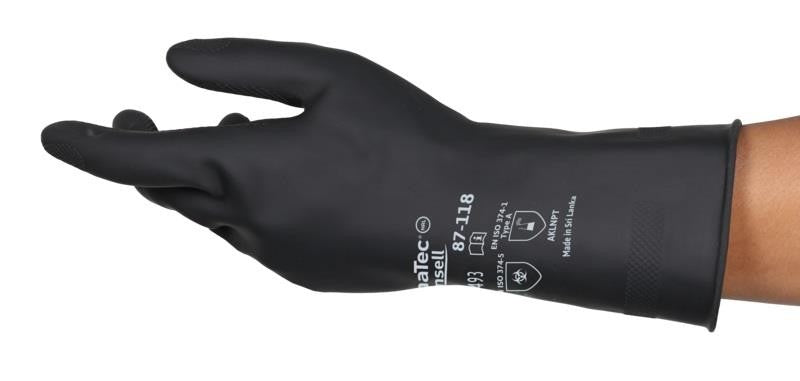 Ansell Marigold AlphaTec 87-118 Heavy Duty Black Latex Rubber Gloves Long Cuff