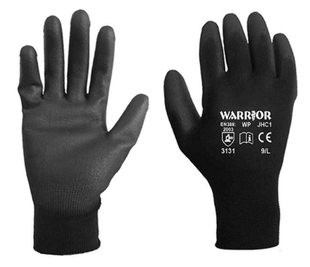 Warrior Black Durable PU Coated Safety Work Gloves Builders Gardening Mechanic