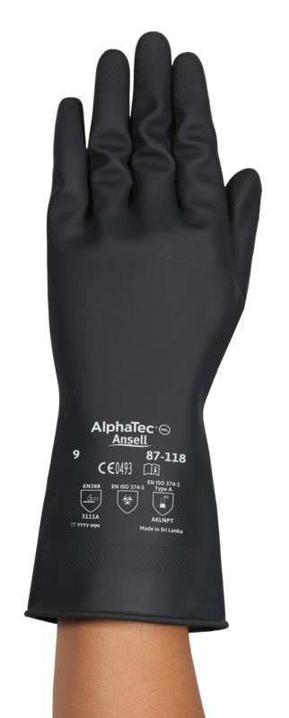 Ansell Marigold AlphaTec 87-118 Heavy Duty Black Latex Rubber Gloves Long Cuff
