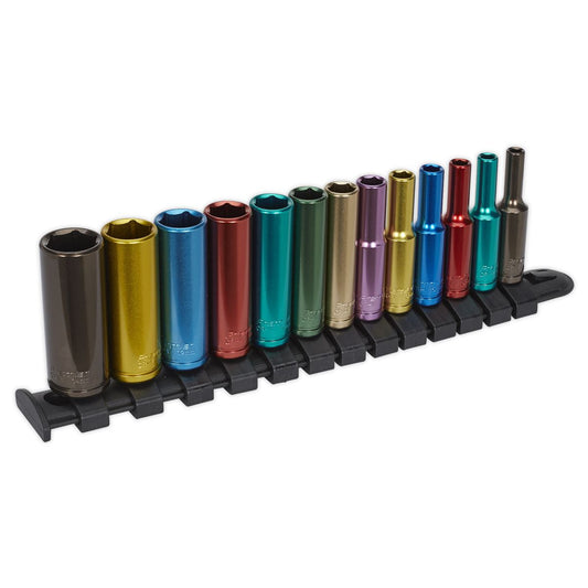 Multi-Coloured Socket Set 13pc 1/4"Sq Drive 6pt Deep WallDrive® Metric