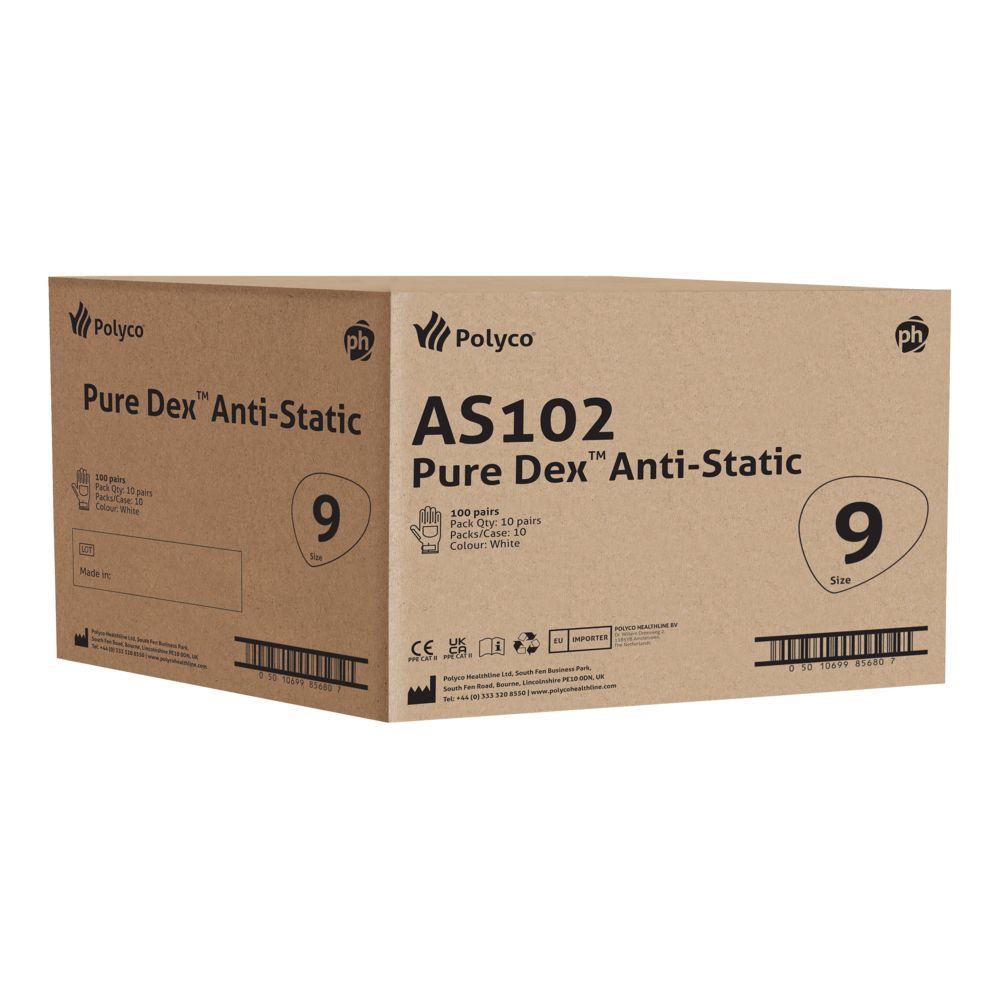 Cardboard box of Polyco Pure Dex Anti-Static AS102 gloves on a white background