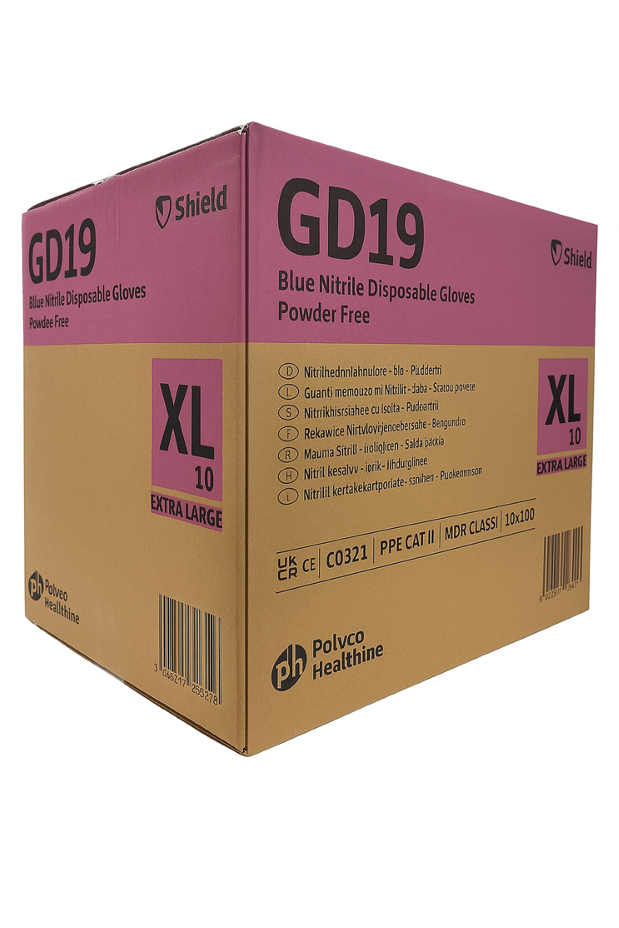 Blue 3D shield icon with a hammer and wrench graphic, labeled "Bulk Trade Buy Case 1000" for Shield GD19 nitrile gloves Extra Large.