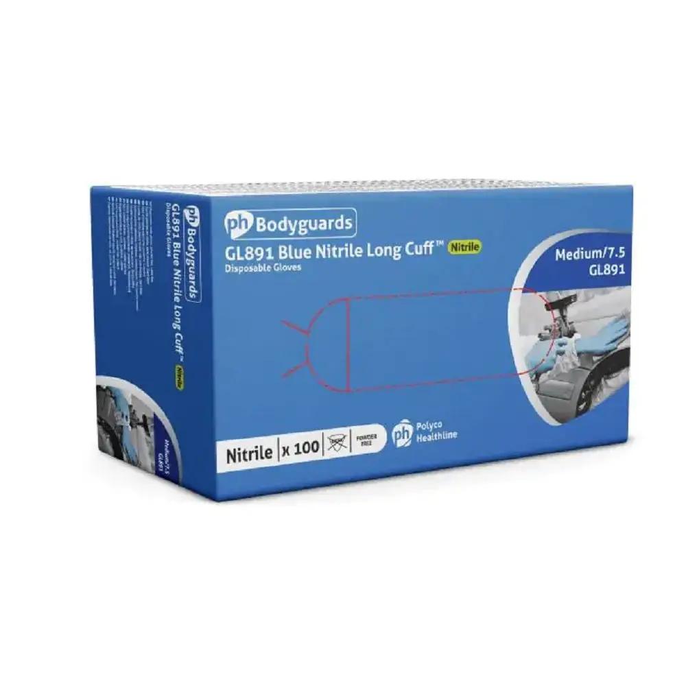Polyco Bodyguards GL891 Long Cuff Blue Nitrile Gloves Powder Free Disposable Bodyguards