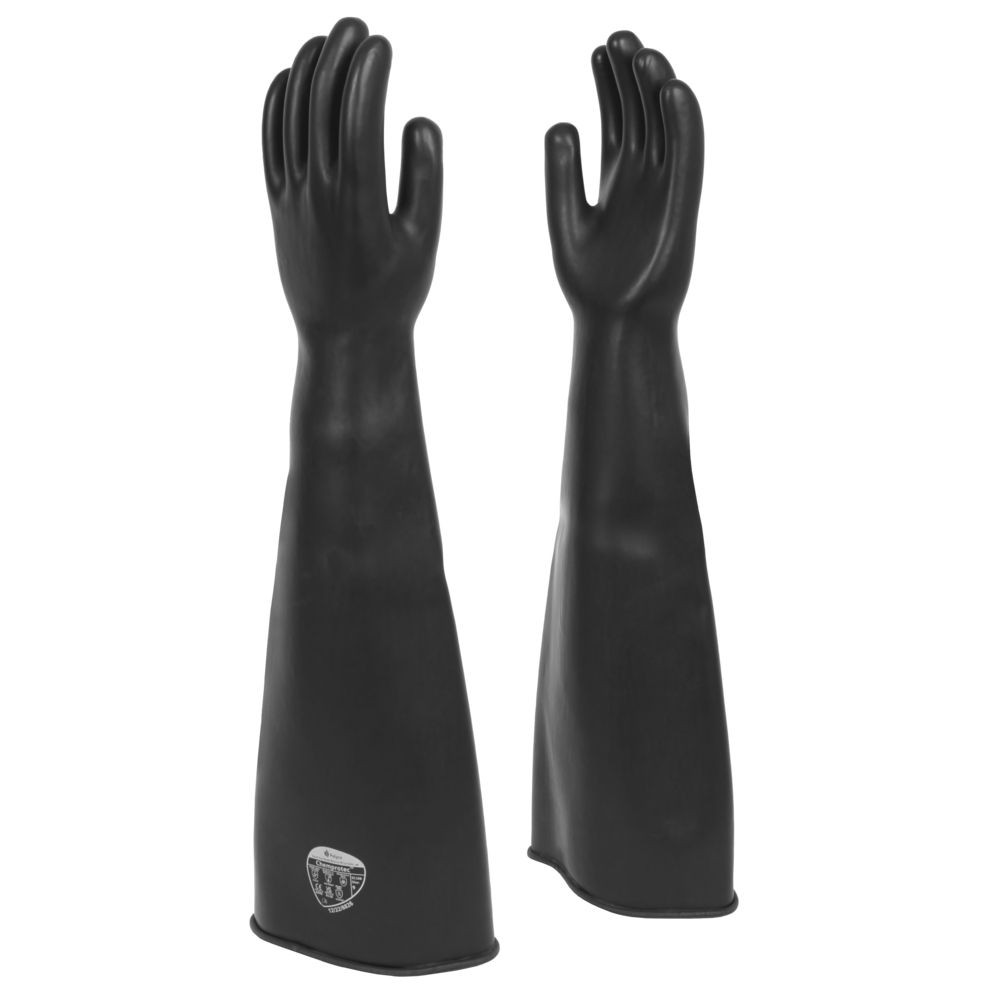 A pair of black rubber protective gloves with long arm sleeves, shown standing upright against a plain white background. A small shield logo is visible near the lower cuff of the left glove.