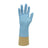Close-up of Palm blue Shield GD19 nitrile glove showing the textured fingertips for enhanced grip and the beaded cuff for easy donning.