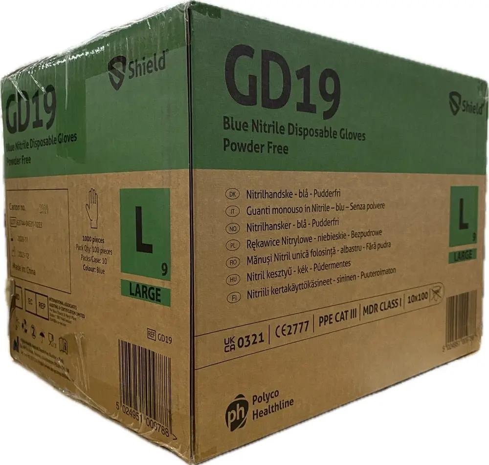 Shield GD19 Blue Nitrile Disposable Gloves – Powder Free, Latex Free (Box of 100) Shield Large