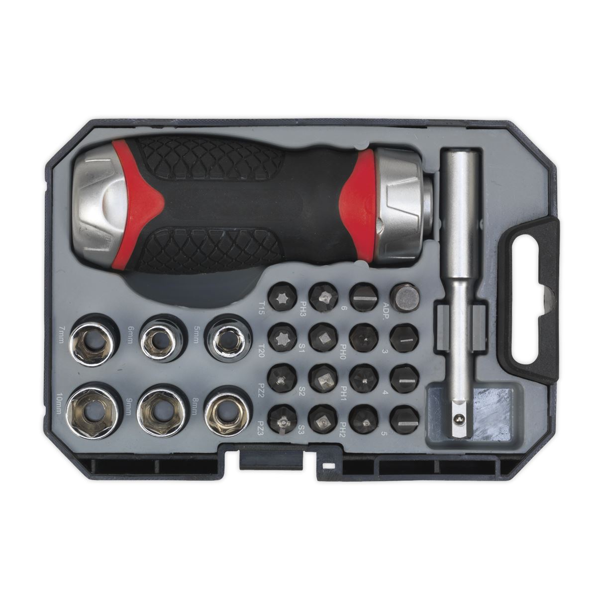 Sealey AK64906 Fine Tooth Ratchet Screwdriver Socket & Bit Set 24pc Stubby