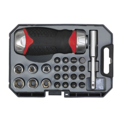 Sealey AK64906 Fine Tooth Ratchet Screwdriver Socket & Bit Set 24pc Stubby