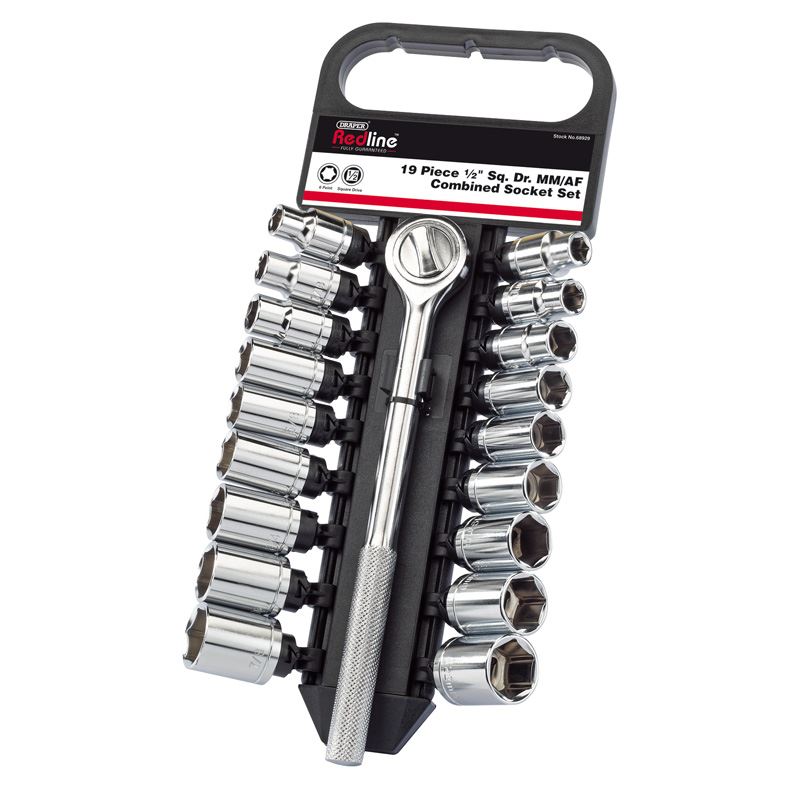 Draper 68929 1/2" Sq. Dr. Mm/Af Combined Socket Set 19 Piece