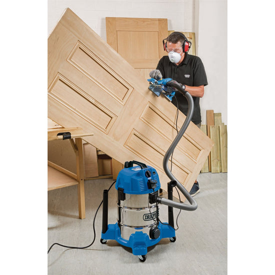 Draper 20529 230V Wet and Dry Vacuum Cleaner with Stainless Steel Tank and Integrated Power Out-Take Socket 30L 1300W