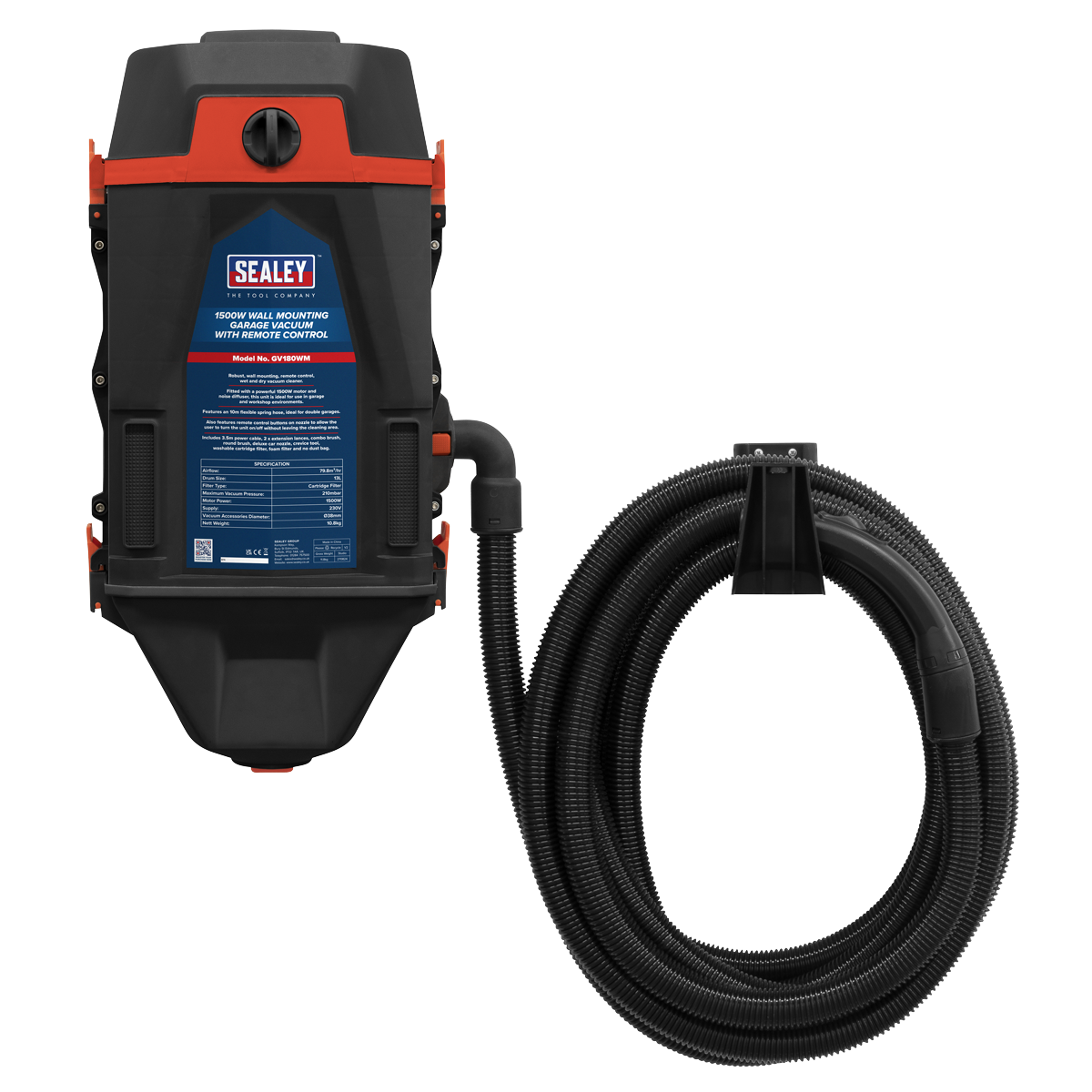 Sealey GV180WM Garage Vacuum with Remote Control 1200W - Wall Mounting