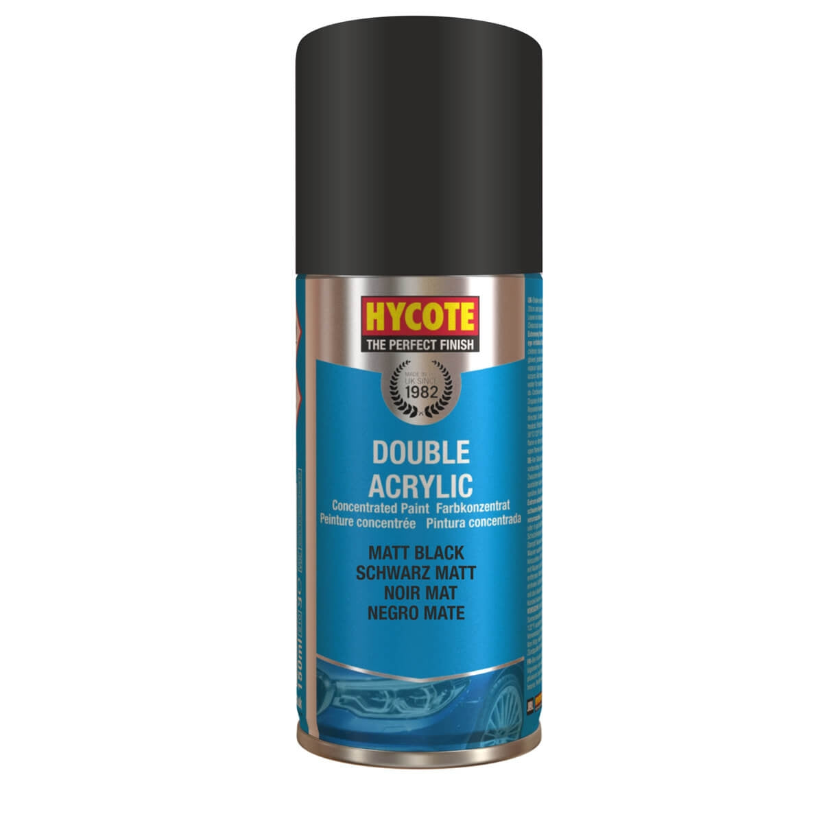 Hycote Double Acrylic matt black spray paint can on a white background