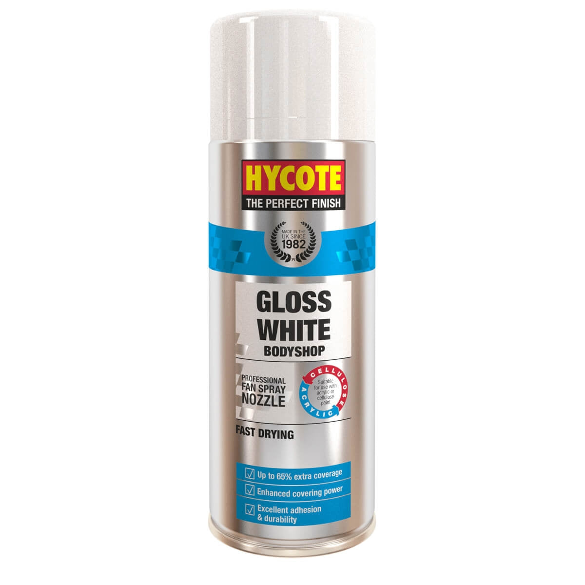 Hycote Gloss White Bodyshop spray can on a white background