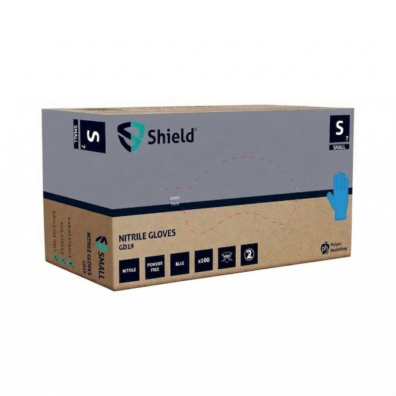 Single dispenser box of Shield GD19 blue nitrile powder-free gloves, size [Insert Size: Small, showing the Polyco Healthline branding and textured fingertip icons