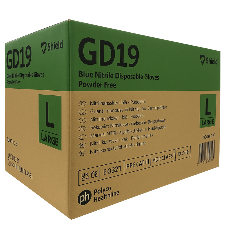 Blue 3D shield icon with a hammer and wrench graphic, labeled "Bulk Trade Buy Case 1000" for Shield GD19 nitrile gloves Large.