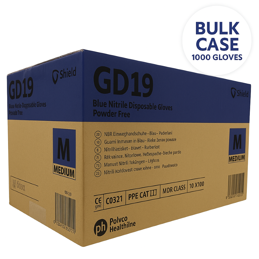 Blue 3D shield icon with a hammer and wrench graphic, labeled "Bulk Trade Buy Case 1000" for Shield GD19 nitrile gloves Medium.