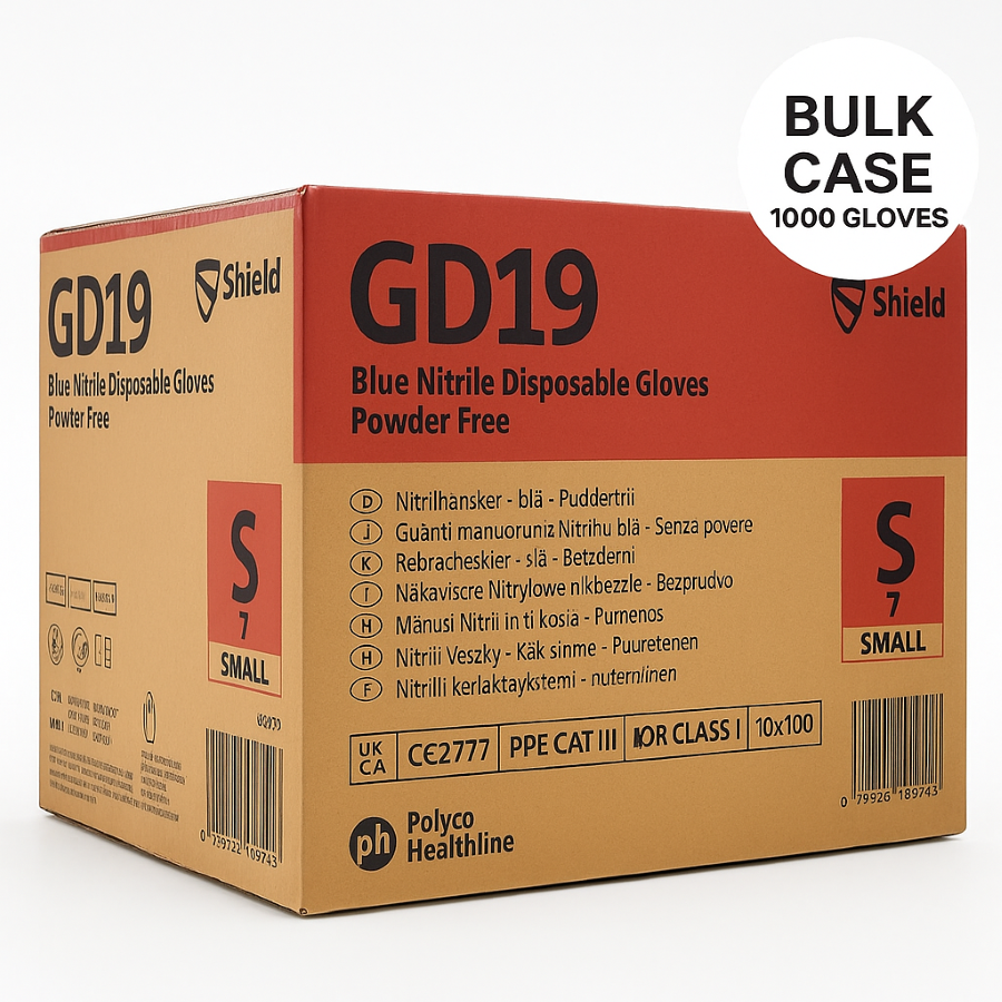 Blue 3D shield icon with a hammer and wrench graphic, labeled "Bulk Trade Buy Case 1000" for Shield GD19 nitrile gloves Small