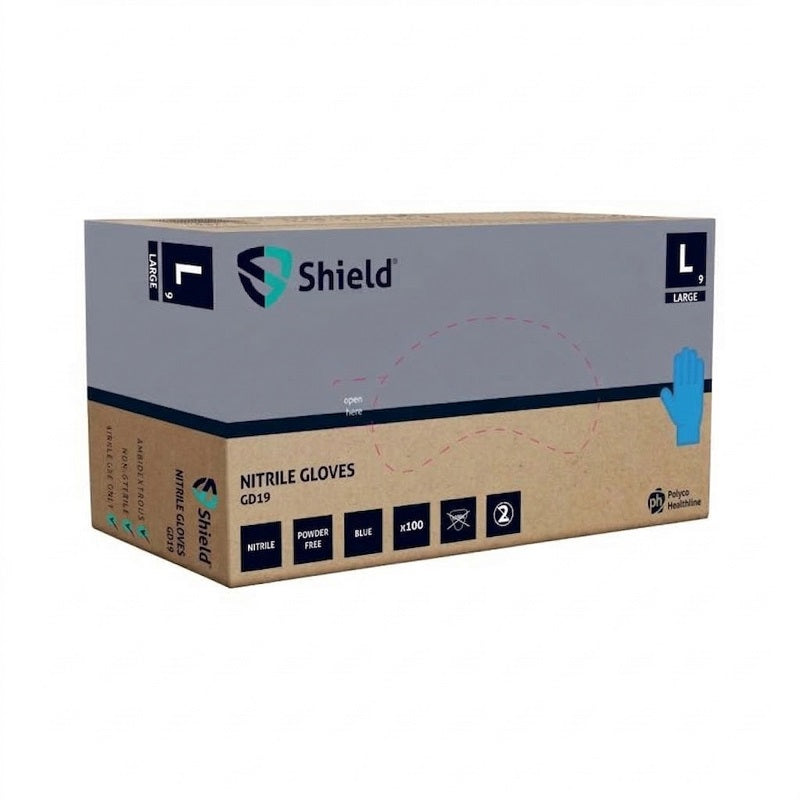 Single dispenser box of Shield GD19 blue nitrile powder-free gloves, size [Insert Size: Large, showing the Polyco Healthline branding and textured fingertip icons