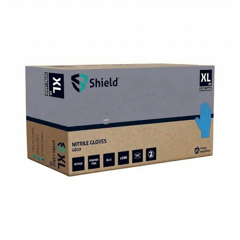 Single dispenser box of Shield GD19 blue nitrile powder-free gloves, size [Insert Size: XL, showing the Polyco Healthline branding and textured fingertip icons