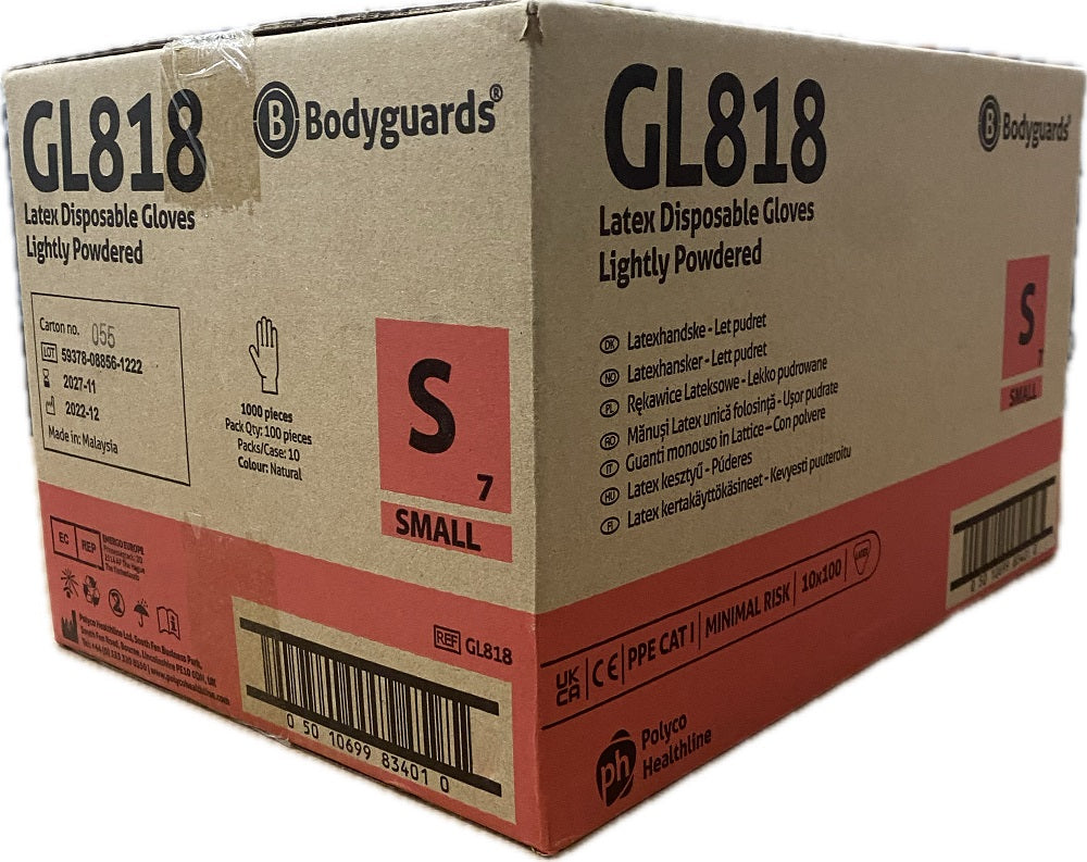 Bulk Case of 1000 Bodyguards GL818 Latex Powdered Gloves - Size Small (S) - 10 Boxes x 100