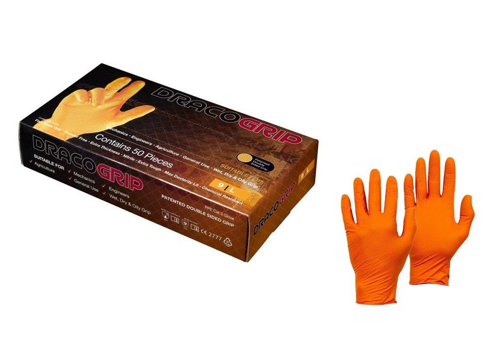Box 50 Draco Extra Tough Orange Nitrile Disposable Gloves Mechanics M/L/XL/XXL